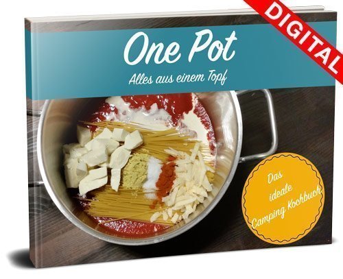3D-Mockup des E-Books One Pot mit Topfabbildung und gelbem Camping-Kochbuch-Badge
