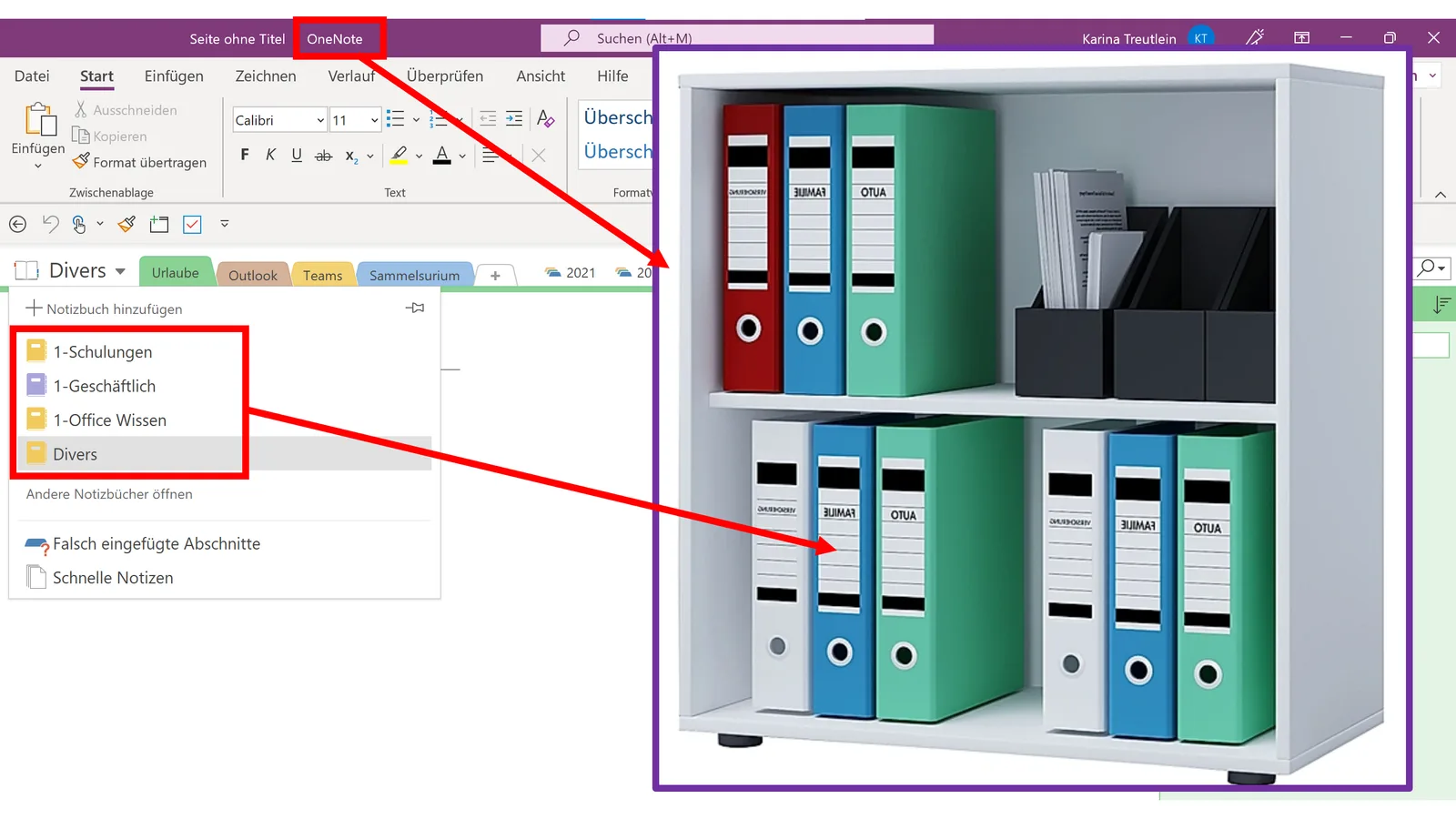 OneNote Benutzeroberfläche Screenshot mit Notizbuch-Navigation links und farbigen Ordnern rechts