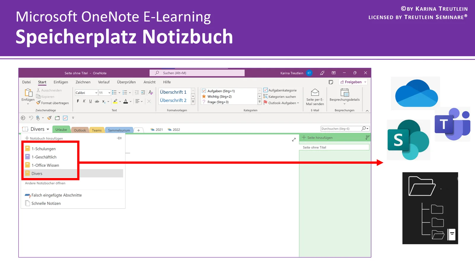 E-Learning Screenshot zu OneNote Speicherplatz Notizbuch mit Navigationsbereich und Microsoft Cloud-Elementen
