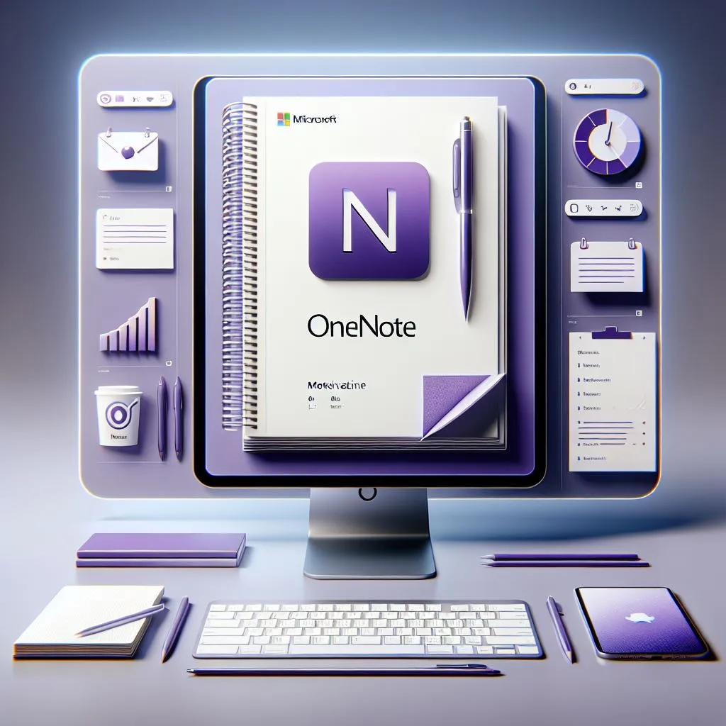 OneNote erste Schritte Hero-Grafik mit Microsoft OneNote Logo auf Notizbuch, umgeben von Office-Elementen