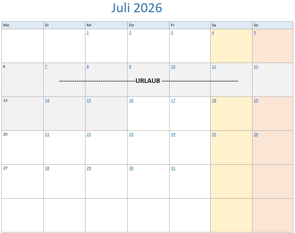 Monatskalender Juli 2026 mit markierten Urlaubstagen und Urlaubseintrag im Terminkalender
