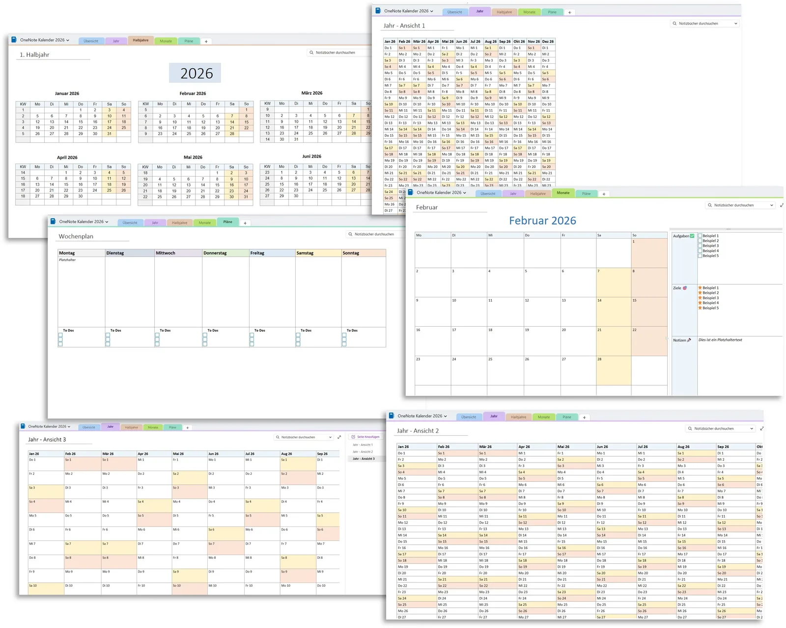 Screenshot der OneNote Kalender 2026 Vorlage mit Jahresübersicht, Wochenplan, Monatsansicht und Tagesansicht