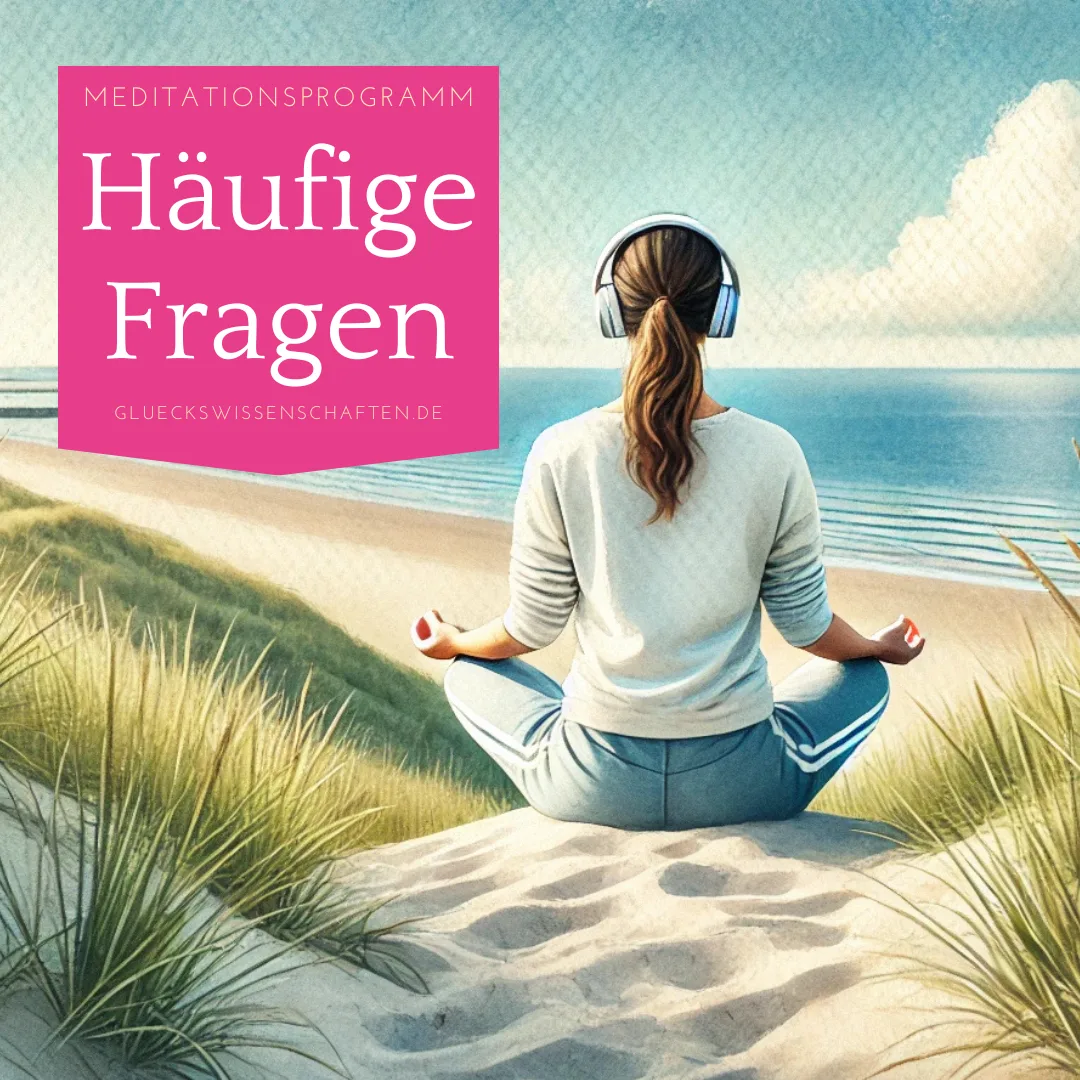 Häufige Fragen Meditationsprogramm mit Frau meditierend am Strand mit Kopfhörern und Meeresblick