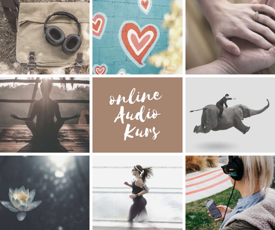 Hero-Collage mit Kopfhörern, Herzen, Meditation, Yoga und Online Audio Kurs Text auf beigem Hintergrund