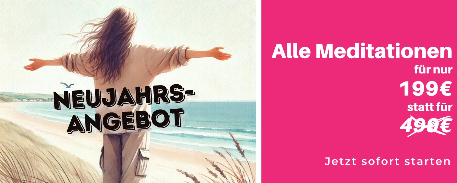 Neujahrs-Angebot Banner mit Frau am Strand und Preisangaben 199€ statt 499€