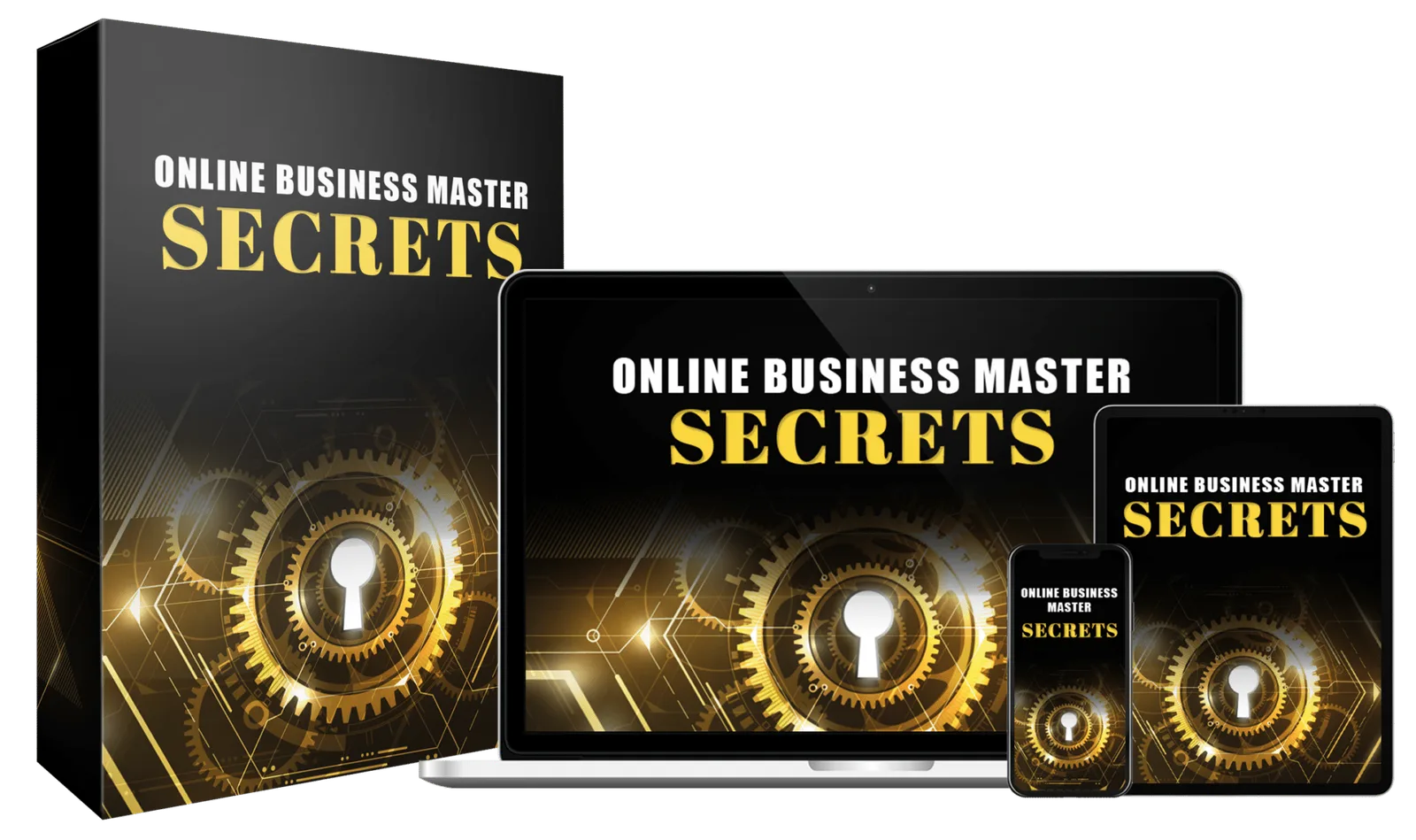 Online Business Master Secrets – Nebeneinkommen-Mitgliedschaft 1 Online Business Master Secrets Bundle mit Produktbox, Laptop, Tablet und Smartphone