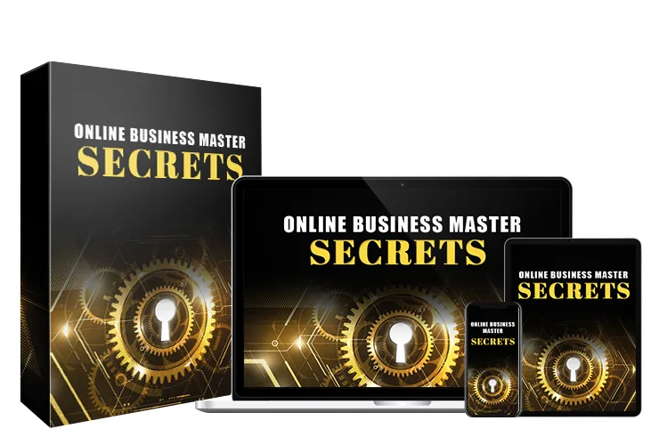 Online Business Master Secrets – Nebeneinkommen-Mitgliedschaft 2 Online Business Master Secrets Mockup mit Box, Laptop, Tablet und Smartphone