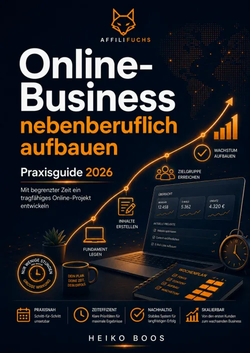 Online-Business nebenberuflich aufbauen Praxisguide 2026 Affilifuchs kompakte Buchcover-Version