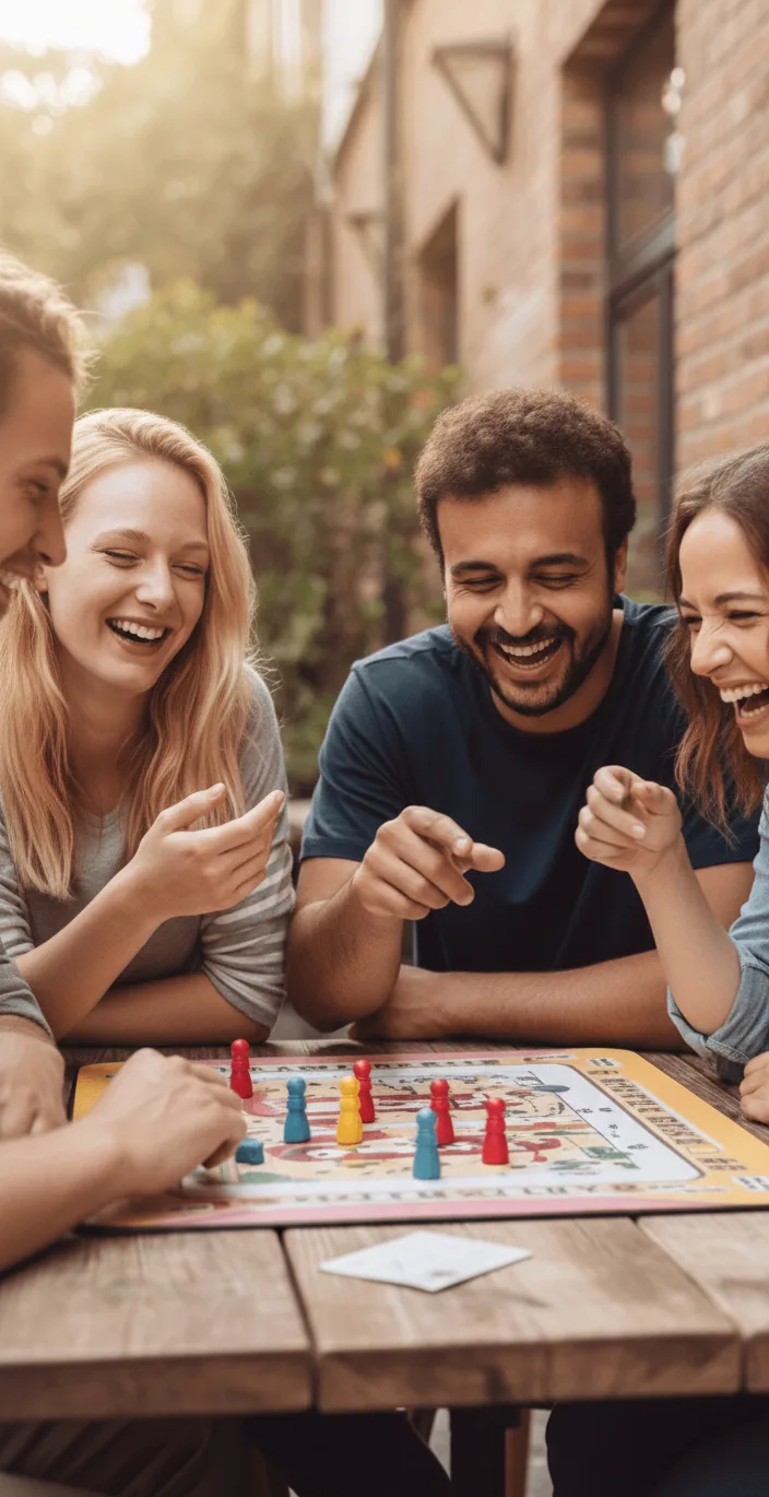 Gruppe von vier Personen lacht beim Spielen eines Brettspiels auf Holztisch im Freien