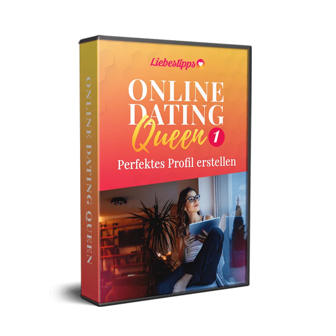 DVD-Box Online Dating Queen 1 mit Modul-Titel Perfektes Profil erstellen, Frau mit Tablet am Fenster, Gradient-Design Orange