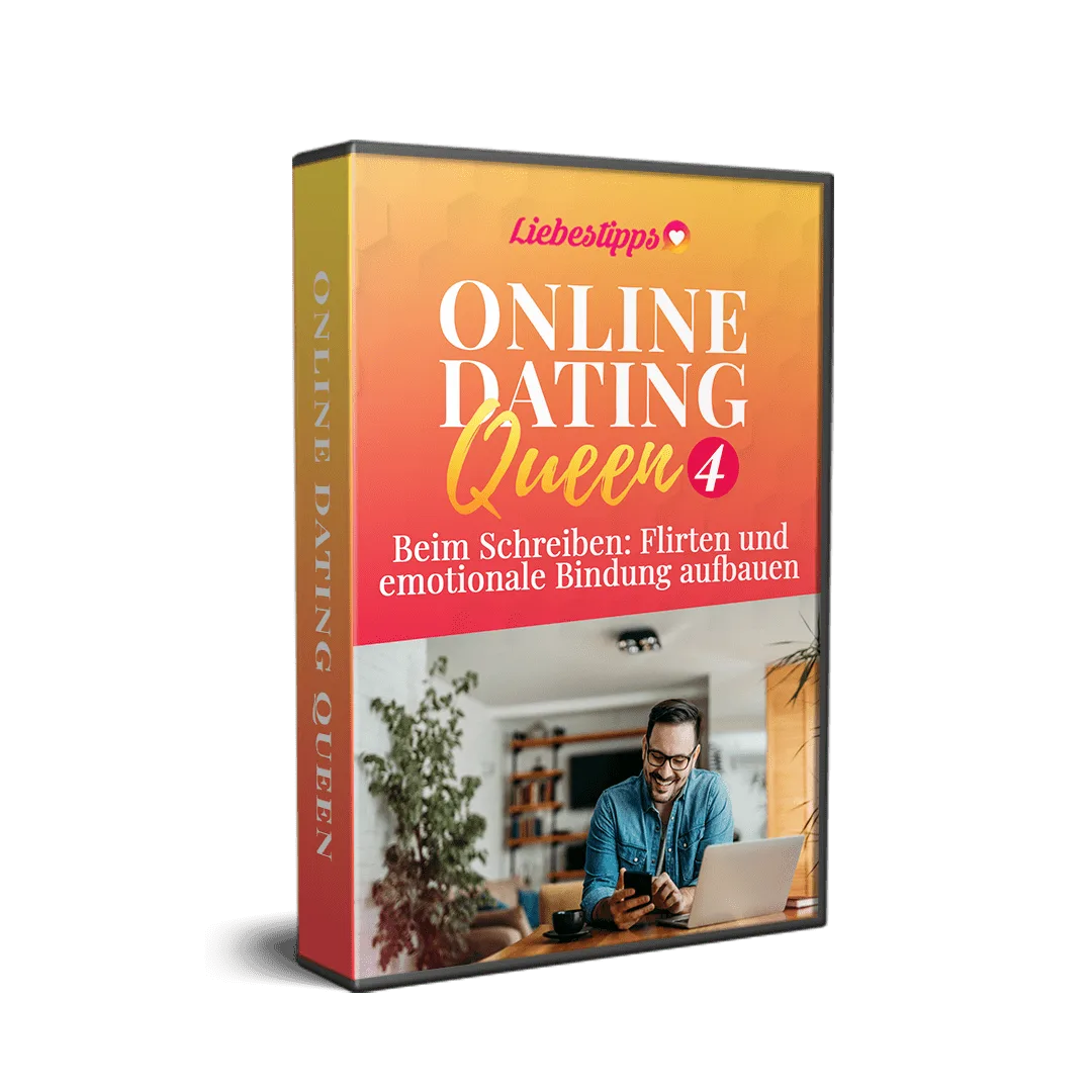 DVD-Box Online Dating Queen 4 mit Modul-Titel Beim Schreiben: Flirten und emotionale Bindung aufbauen, Mann mit Laptop und Sm