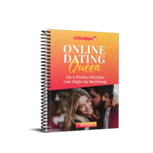 Online Dating Queen Spiral-Notizbuch mit Gradient-Cover in Orange und Rosa, Liebestipps Logo, Titel und Untertitel zur 6-Woch