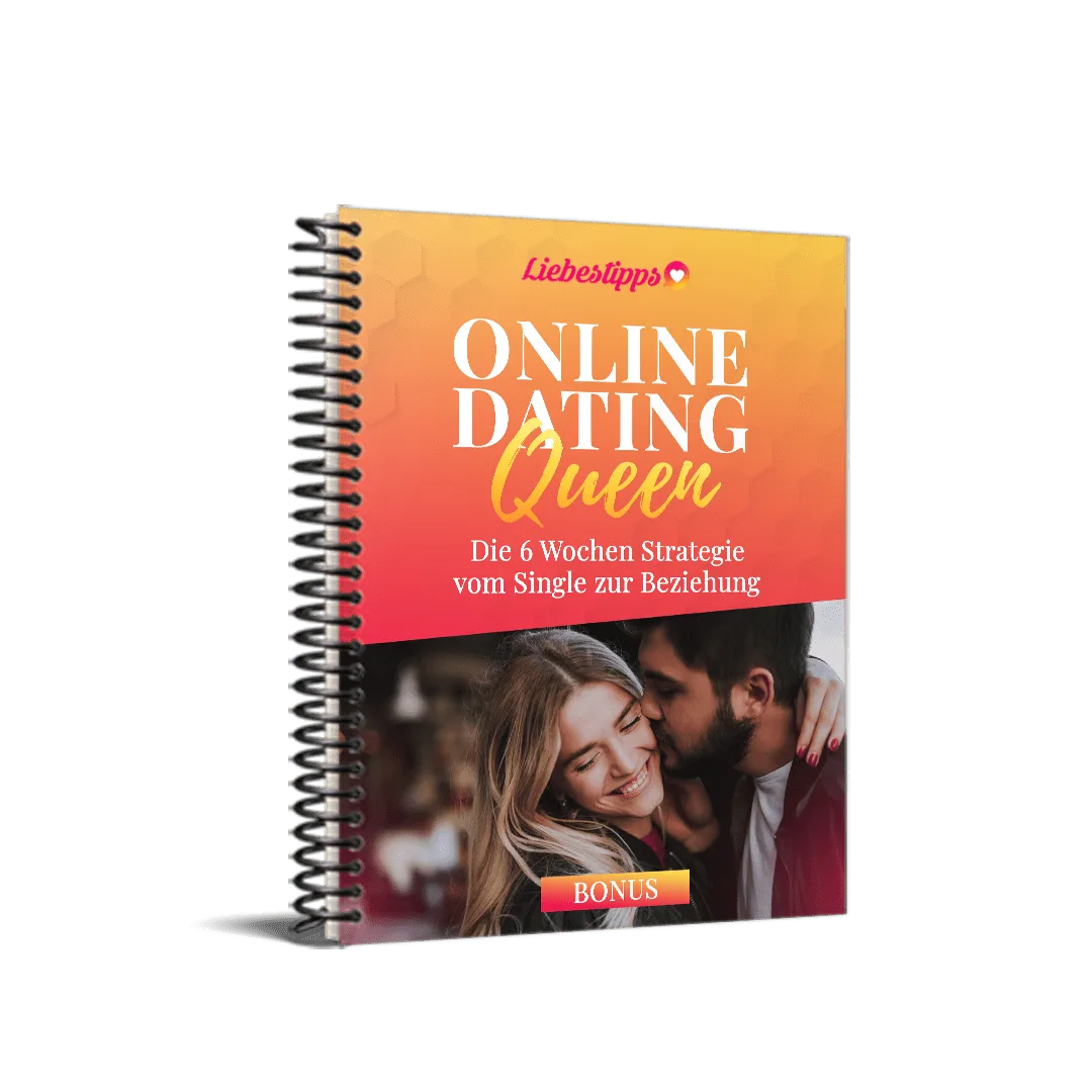 Online Dating Queen Spiral-Notizbuch mit Gradient-Cover in Orange und Rosa, Liebestipps Logo, Titel und Untertitel zur 6-Woch