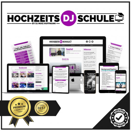 Hochzeits DJ Schule – Mockup der Online-Plattform auf verschiedenen Geräten mit Logo und Qualitätssiegeln