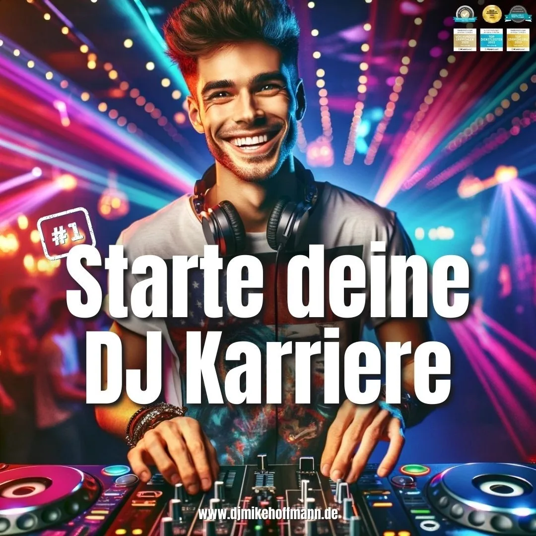 Junger DJ mit Kopfhörern an Mischpult – bunte Neon-Lichter im Hintergrund, Text Start deine DJ Karriere