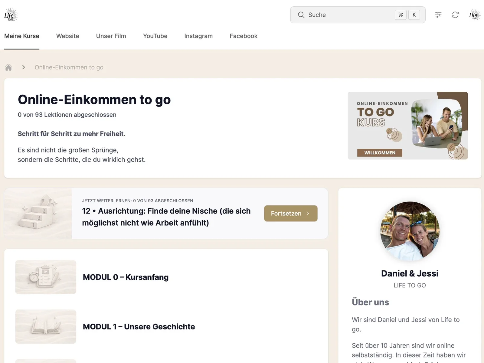 Kursplattform Screenshot mit Online-Einkommen to go Kursübersicht