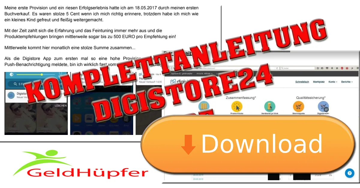 Digistore24 Schnellstart Anleitung Produktseite mit Download-Button, GeldHüpfer Logo und Digistore24 Dashboard Screenshots