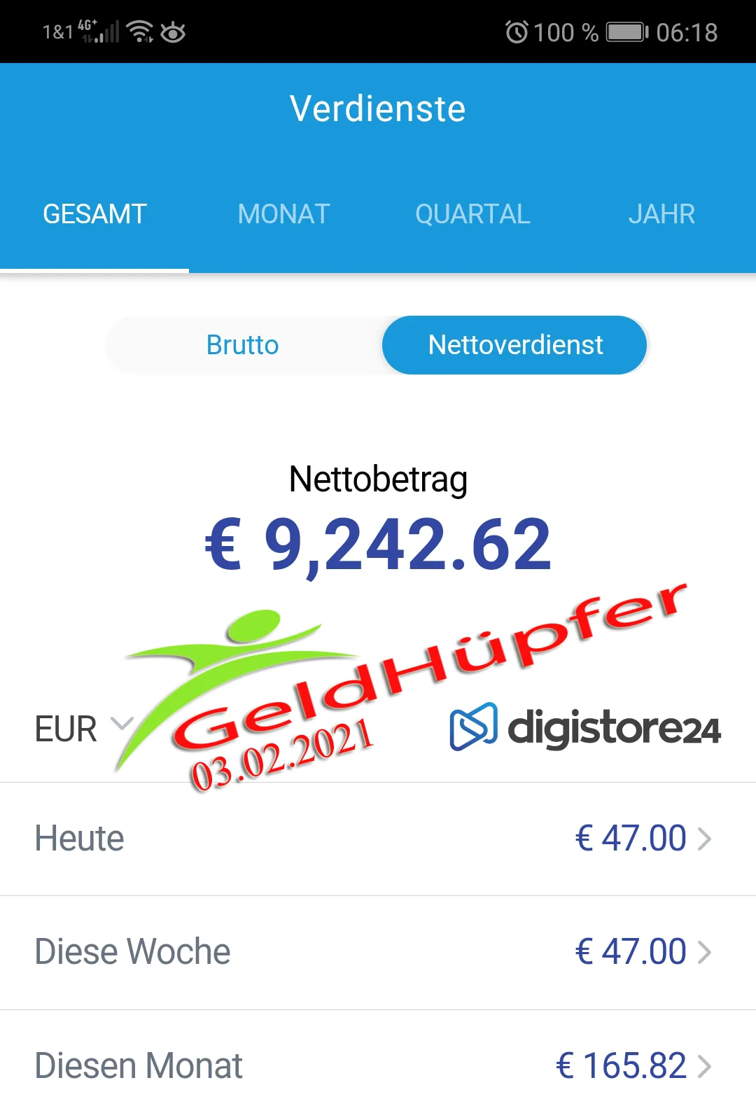 Digistore24 Mobile App Screenshot mit Einnahmeübersicht, Nettoverdienst von 9.242,62 Euro und Zeitraumauswahl