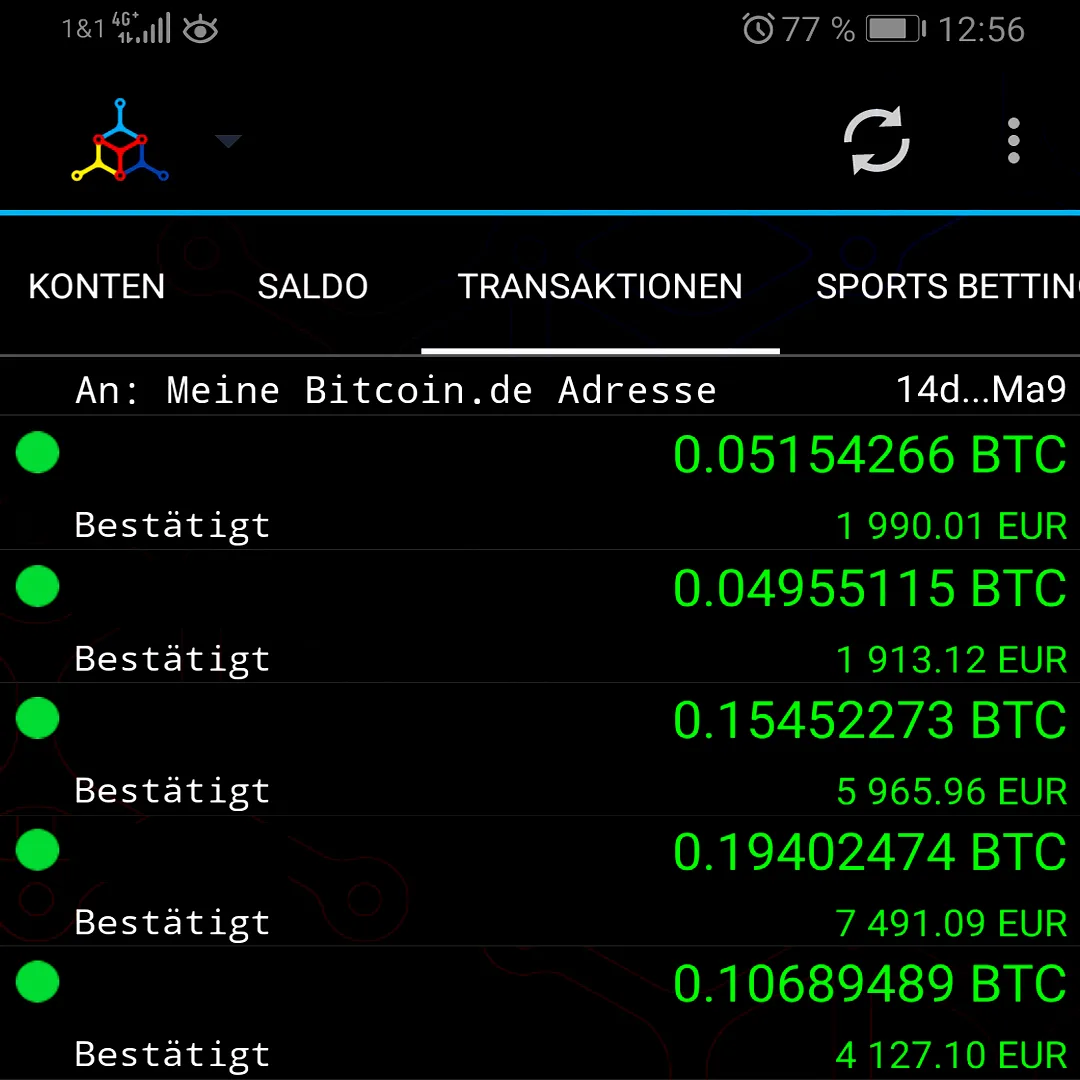 Kryptowallet App Screenshot mit Bitcoin-Transaktionen und Kontostand in EUR und BTC