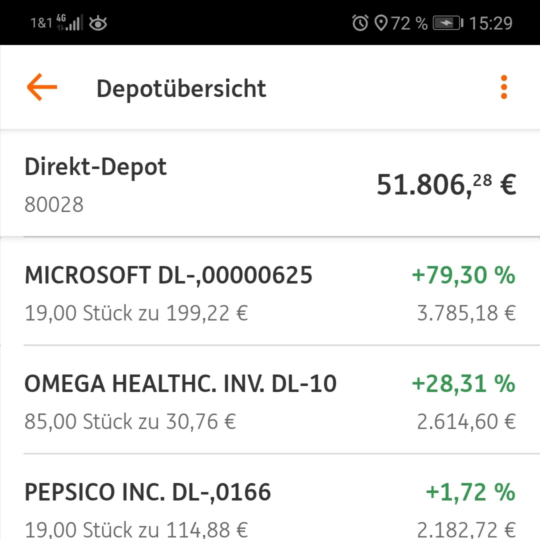 Depot-Übersicht Mobile App Screenshot mit Aktienbeständen Microsoft, Omega Healthcare und Pepsico