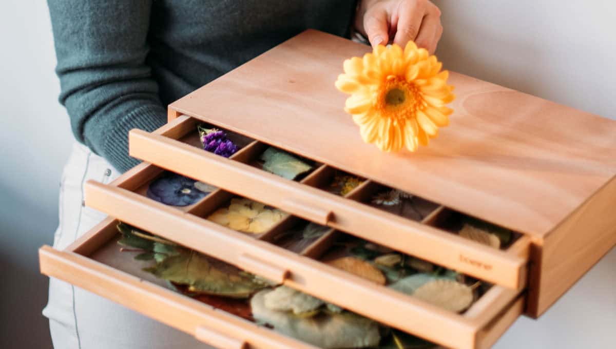 Online Heilpflanzen Akademie – Videokurs zur Wildkräuterkunde 3 Herbarium Holzbox mit getrockneten Heilpflanzen und Blüten in Fächern, Phänologie Modul