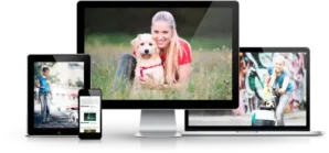 Mockup der Online Hundeschule auf verschiedenen Geräten: Desktop, Tablet und Smartphone