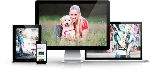 Mockup der Online Hundeschule auf verschiedenen Geräten: Desktop, Tablet und Smartphone