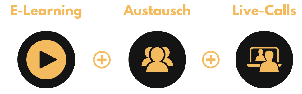 Grafik mit drei Kurselementen: E-Learning Play-Symbol, Austausch mit Personen-Icons, Live-Calls mit Videokonferenz-Icon