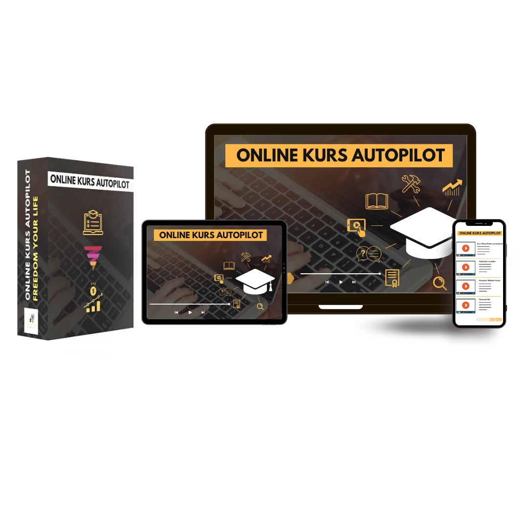 Produktmockup Online Kurs Autopilot Masterclass auf Verpackung, Tablet, Monitor und Smartphone