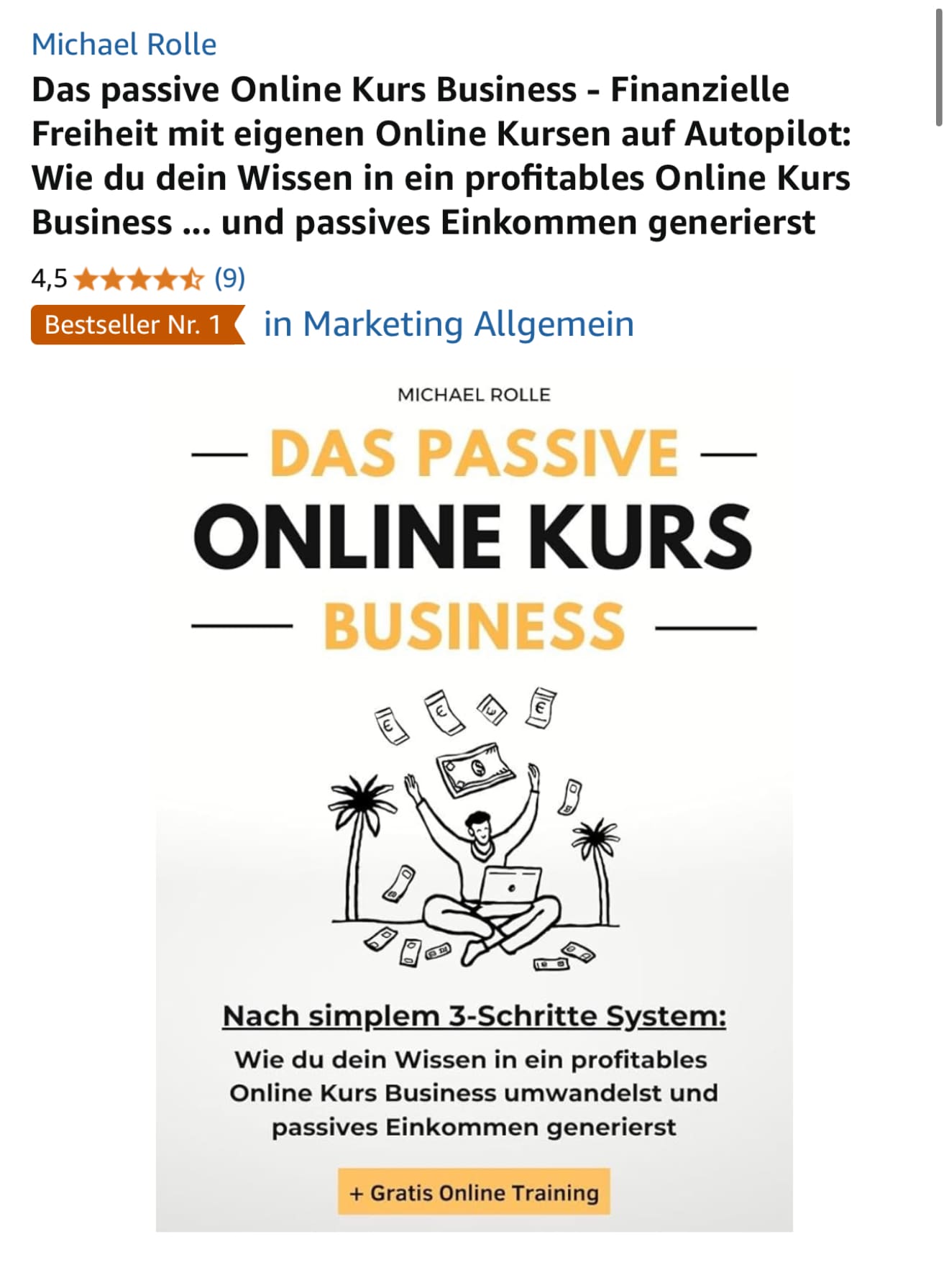 Das Passive Online Kurs Business Cover von Michael Rolle mit Bestseller-Badge, 4,5 Sterne Rating und Mann mit Laptop unter Pa