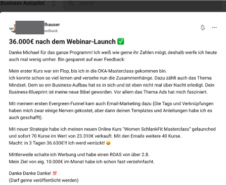 Screenshot Facebook-Post: Kundenstimme über 36.000€ Verdienst nach Webinar-Launch im OKA-Kurs