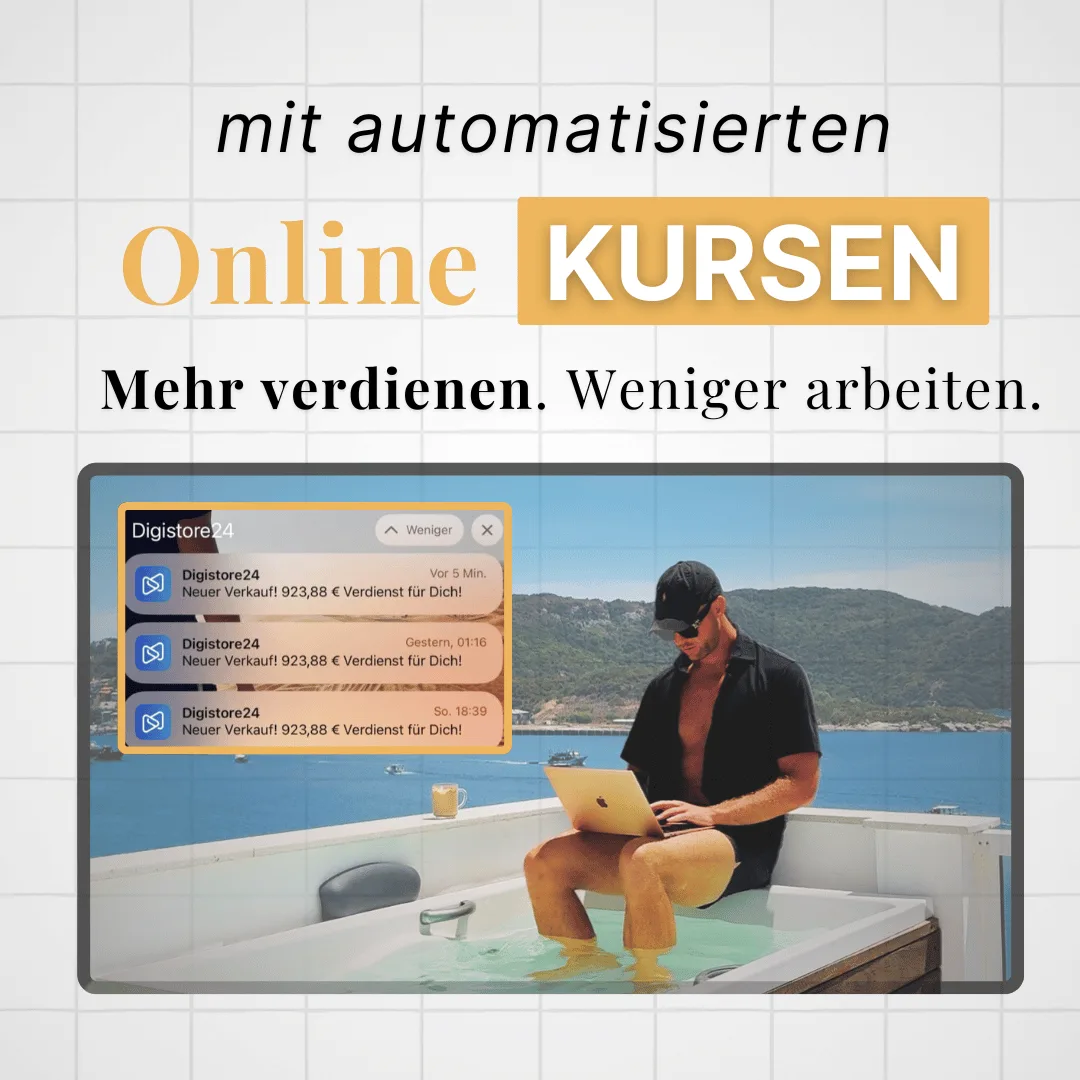 Produktmockup mit Text: Mit automatisierten Online Kursen mehr verdienen, weniger arbeiten auf Laptop und Hintergrund mit Per