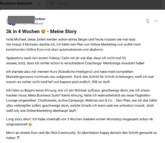 Screenshot Testimonial: Kundenerfahrung 3k in 4 Wochen mit Online-Marketing und Kurs-Mindset