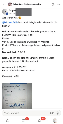 Screenshot Social-Media-Post über Ads-Erfolg und Kursergebnis mit Statistik-Screenshot