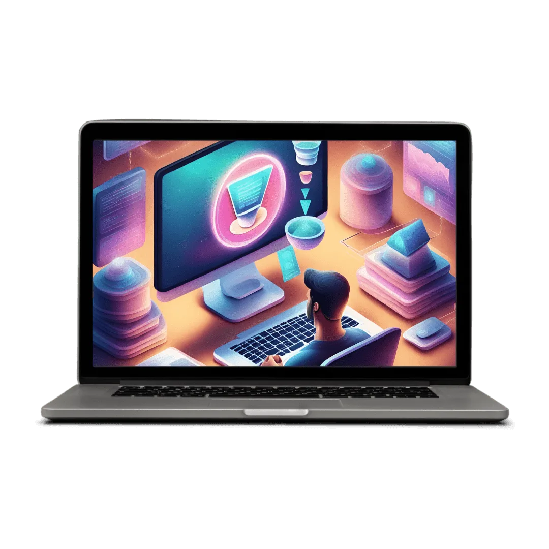 Laptop-Mockup mit abstraktem 3D-Design, leuchtender Trichter-Symbol und Frau am Schreibtisch