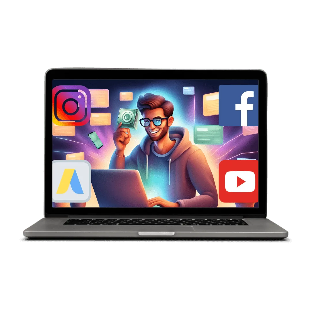 Laptop-Mockup mit Illustration eines lächelnden Mannes und Social-Media-Logos Instagram, Facebook, Google Ads, YouTube