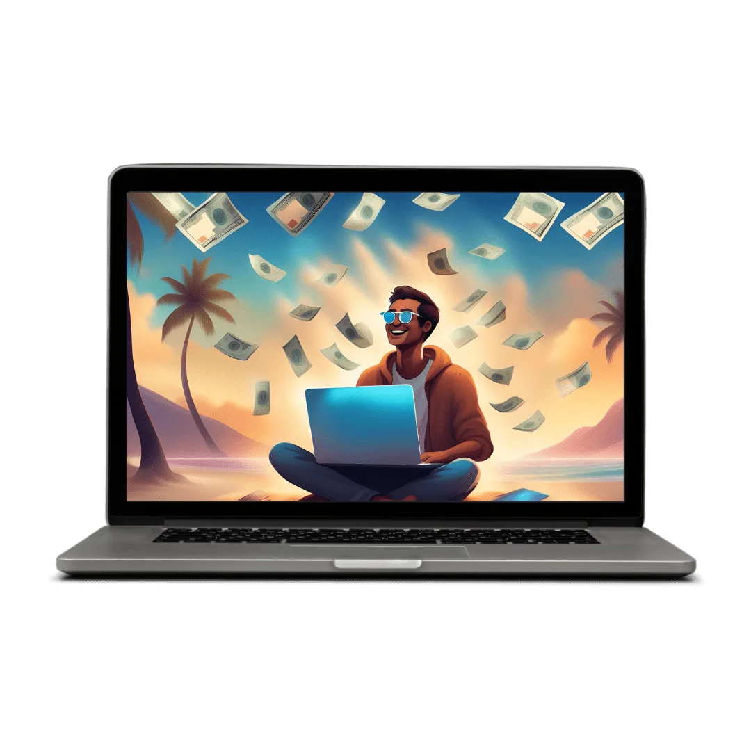 Laptop-Mockup mit Illustration eines Mannes am Strand mit Laptop und fallenden Geldscheinen