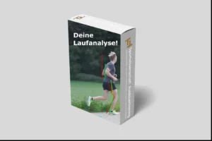 Produktbox Laufanalyse mit Text 'Deine Laufanalyse!' und Läufer mit Bewegungsanalysestäben