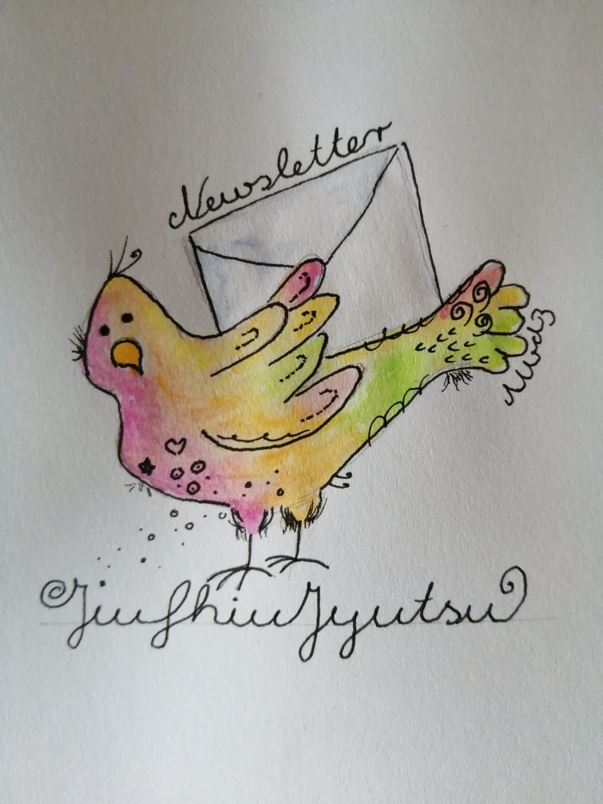 Handgezeichnete bunte Vogel-Illustration mit Newsletter-Umschlag und Signatur Jyudhia Yuutsui