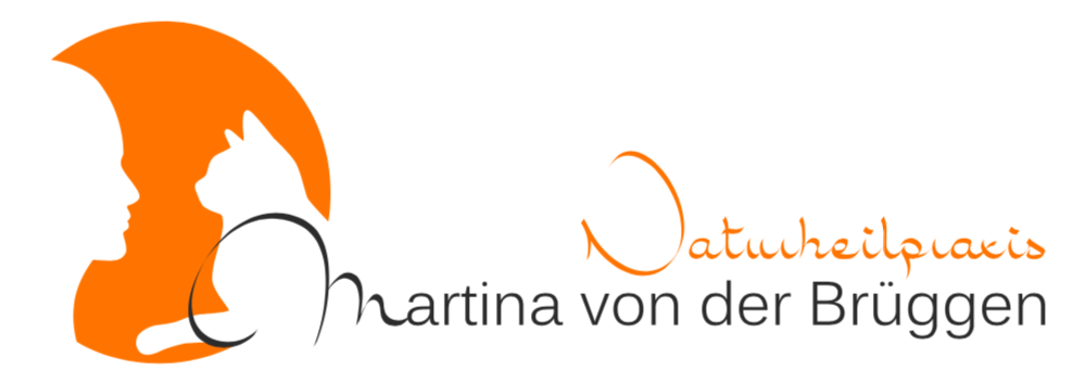 Logo Naturheilpraxis Martina von der Brüggen mit orange Silhouette von Frau und Lupe