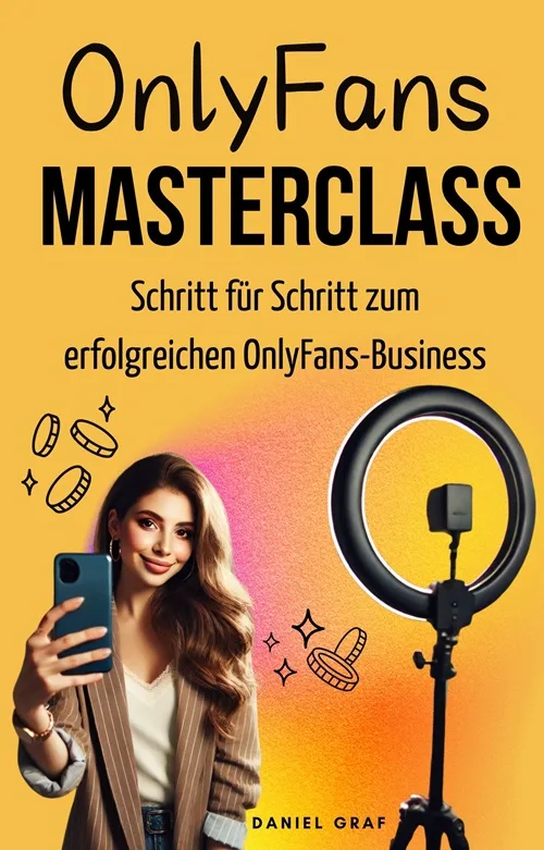 OnlyFans Masterclass Cover gelb mit großem Text, Ring Light und Frau mit Smartphone