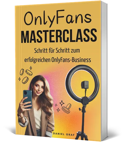 OnlyFans Masterclass Buch-Mockup gelbes Cover mit Ring Light und Frau