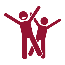 Icon begeisterter Zuhörer, rote Silhouetten von Erwachsenem und Kind mit erhobenen Armen