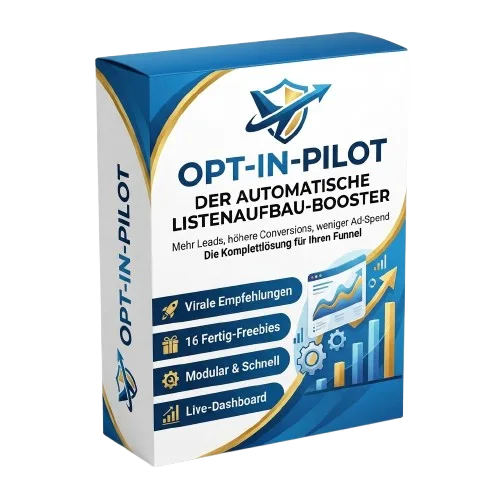 Optin Pilot Software Produktbox mit blauem Design, Flugzeug-Logo und Features wie Virale Empfehlungen, 16 Fertig-Freebies, Mo