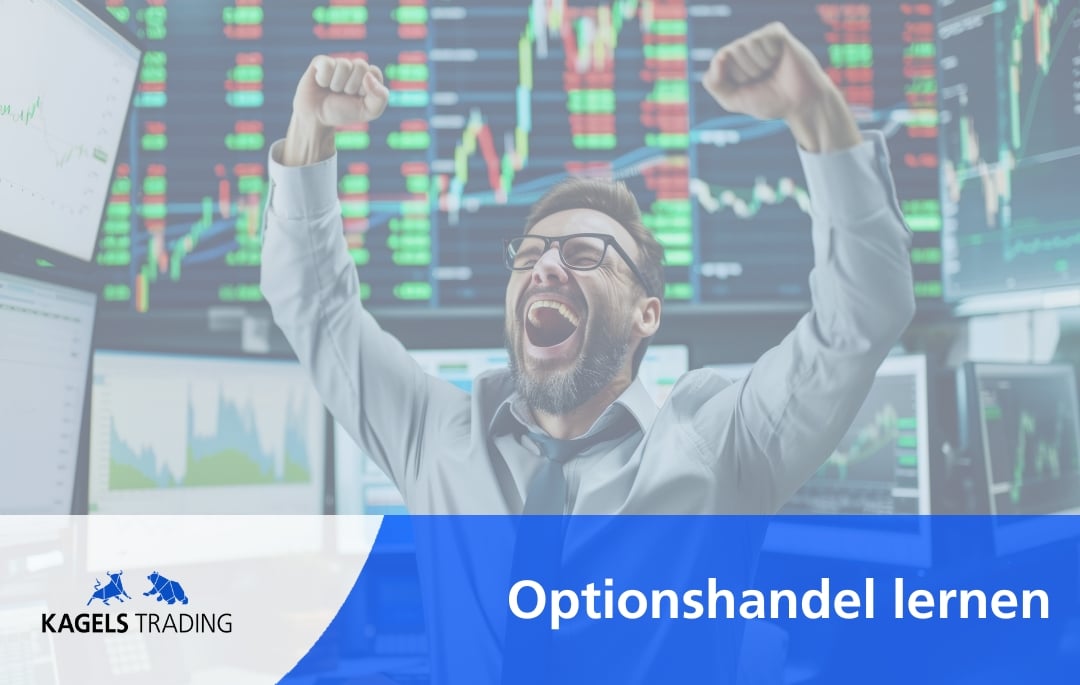 Banner mit erfolgreichem Trader vor Finanzbildschirmen und Kagels Trading Logo