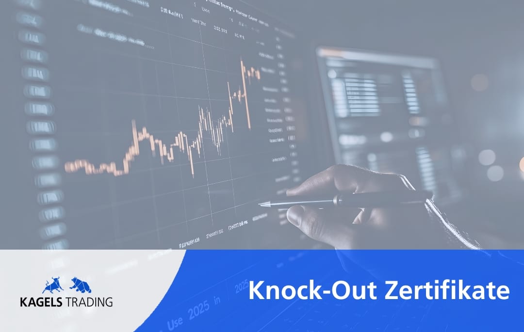 Hero-Banner Knock-Out-Zertifikate mit Händen und Finanz-Charts blauer Designbalken unten