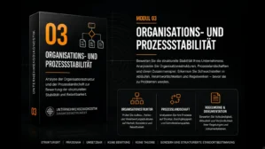 Modul 3 Organisations- und Prozessstabilität Hero-Grafik mit 3D-Box, Organisationsdiagramm und drei Inhaltsboxen auf schwarze