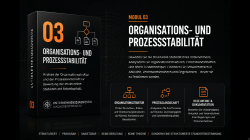 Modul 3 Organisations- und Prozessstabilität Thumbnail mit 3D-Box und verkleinerten Inhaltsboxen für Web-Vorschau