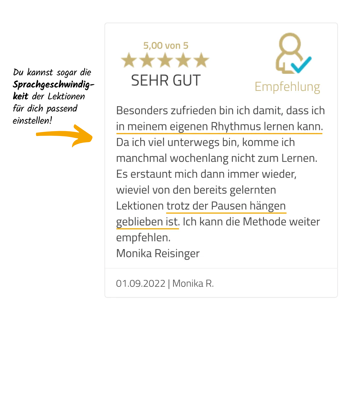 Fünf-Sterne-Kundenbewertung von Monika Reisinger, lobt flexibles Lernen und nachhaltigen Lernerfolg