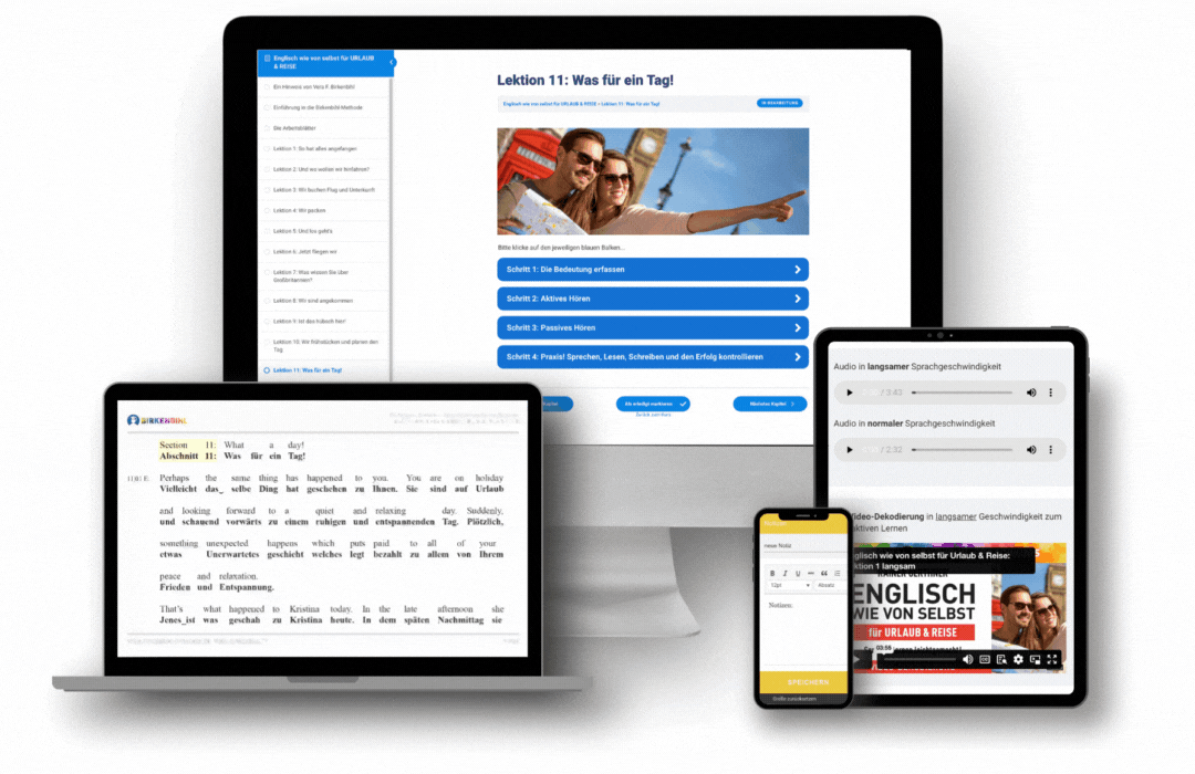 Original Birkenbihl-Sprachkurs Englisch für Urlaub & Reise 1 Screenshot des Online-Sprachkurs mit Lektion 11 auf mehreren Geräten
